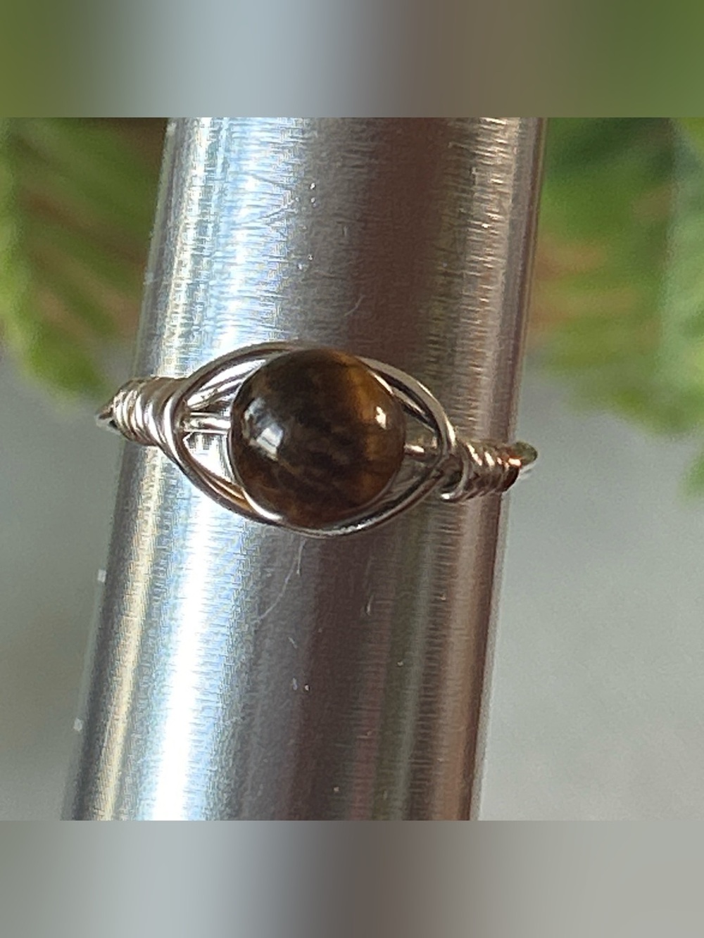 Handcrafted silver tone tiger eye wire wrapped crystal ring size 9.5
